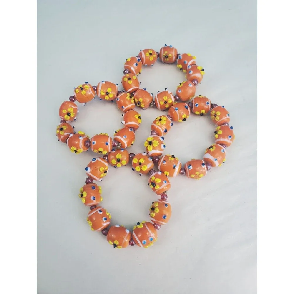 4 Vtg Millefior Lampwork Glass Bead Napkin Rings Orange Floral Table Decor